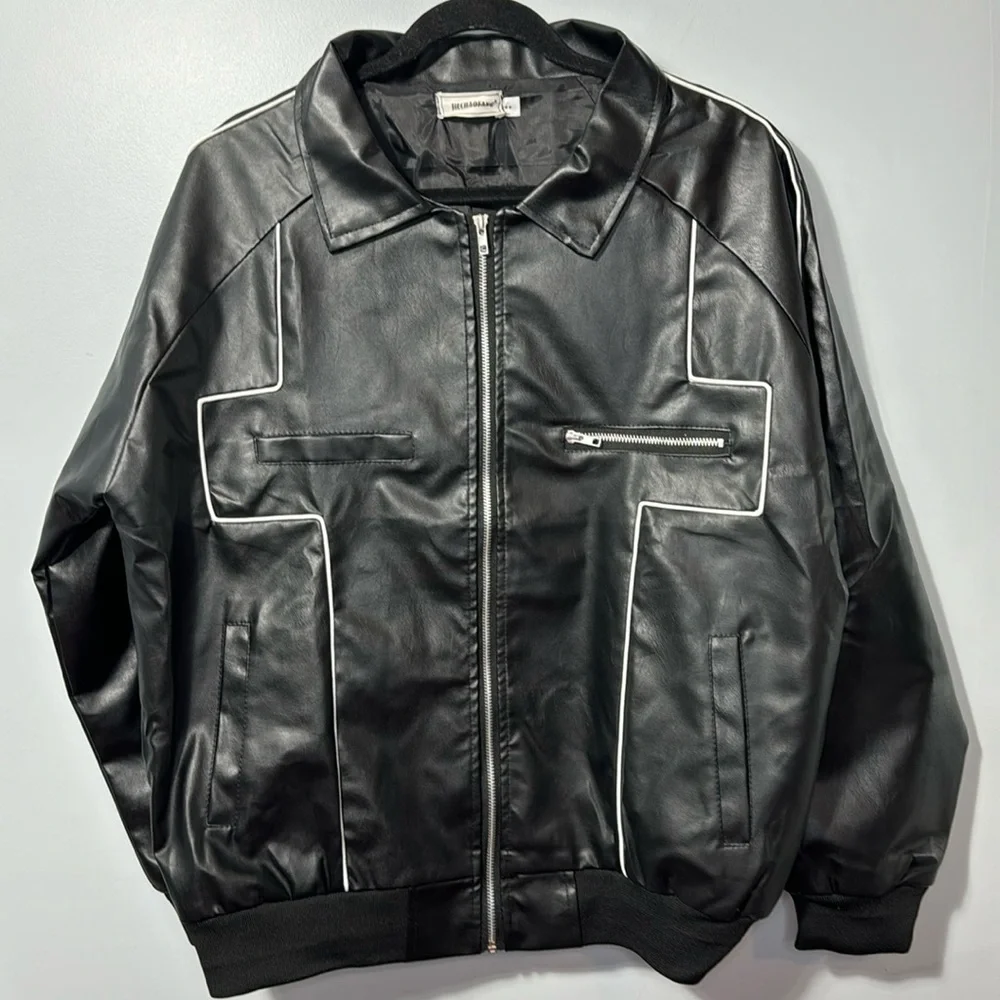 Jiechaofang Black with White Piping Faux Leather Jacket in Size‎ XL